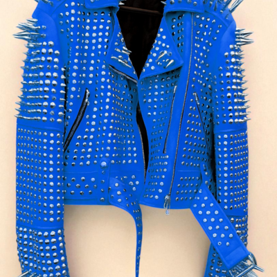 Crafted leather new classic awesome handmade women's blue color studded brando metal spiked leather round studs jacket