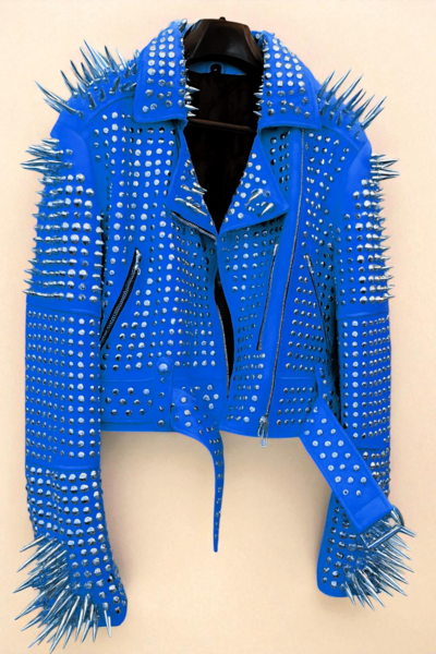 Crafted Leather New Classic Awesome Handmade Women's Blue Color Studded Brando Metal Spiked Leather Round Studs Jacket