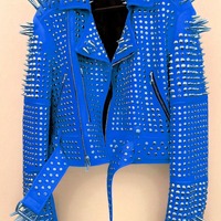 Crafted Leather New Classic Awesome Handmade Women's Blue Color Studded Brando Metal Spiked Leather Round Studs Jacket - Thumbnail 1