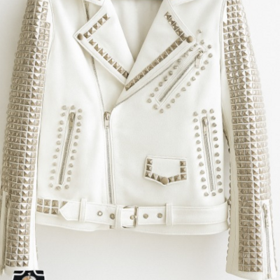Crafted leather new men's white full silver star studded brando belted cow biker leather jacket