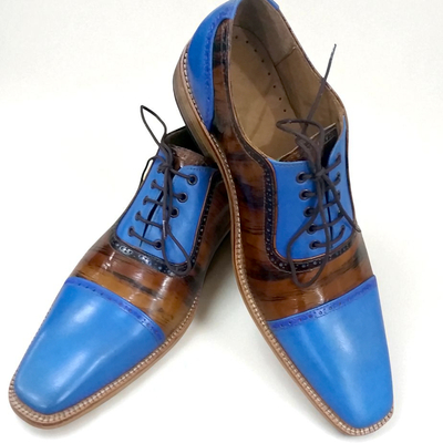 Crafted leather classic brown blue leather oxford lace up dress shoes - Thumbnail 1