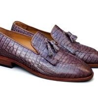 Crafted Leather Genuine Crocodile Leather Tassel Loafers Dress Shoes - Thumbnail 2