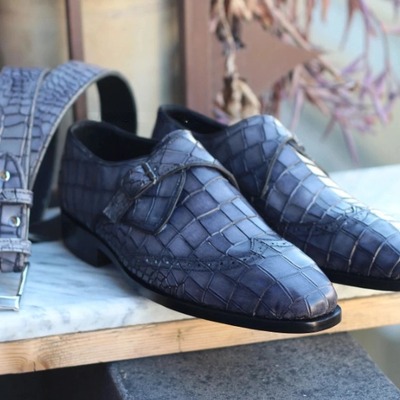 Crafted leather classic handmade men gray crocodile leather wingtip dress shoes with matching belt - Thumbnail 1