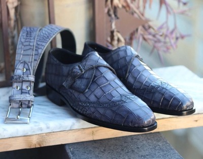 Crafted Leather Classic Handmade Men Gray Crocodile Leather Wingtip Dress Shoes with Matching Belt