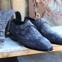 Crafted Leather Classic Handmade Men Gray Crocodile Leather Wingtip Dress Shoes with Matching Belt - Thumbnail 1