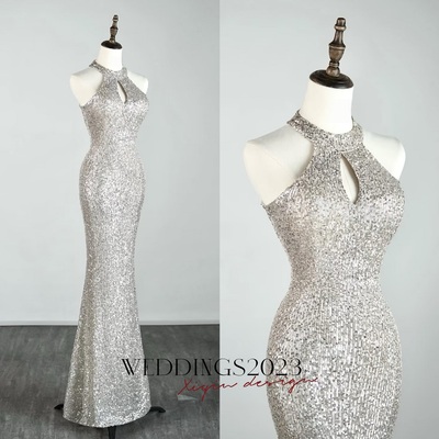 Glamorous Sequin Evening Gown - Halter Neck Design, Perfect for Formal Events, Silver Prom Dress, Long Prom Dress, Sparkly Prom Dresses