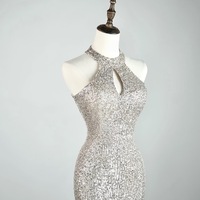 Glamorous Sequin Evening Gown - Halter Neck Design, Perfect for Formal Events, Silver Prom Dress, Long Prom Dress, Sparkly Prom Dresses - Thumbnail 3