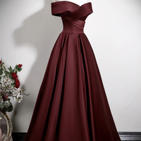 Burgundy Satin Long Prom Dress, A-Line Off the Shoulder Evening Party Dress - Thumbnail 1
