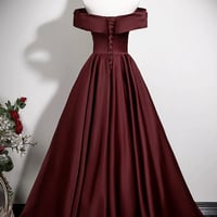 Burgundy Satin Long Prom Dress, A-Line Off the Shoulder Evening Party Dress - Thumbnail 2
