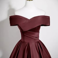 Burgundy Satin Long Prom Dress, A-Line Off the Shoulder Evening Party Dress - Thumbnail 3