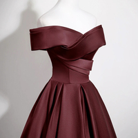 Burgundy Satin Long Prom Dress, A-Line Off the Shoulder Evening Party Dress - Thumbnail 4