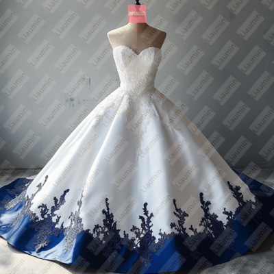  White Tulle and Blue Lace Strapless Full Length Prom Dress Evening Dress Custom Hand Made W19-3.4