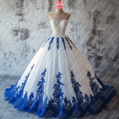 White tulle and blue lace strapless full length prom dress evening dress custom hand made w19-4.2