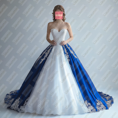 White tulle and blue lace strapless full length prom dress evening dress custom hand made w19-4.3