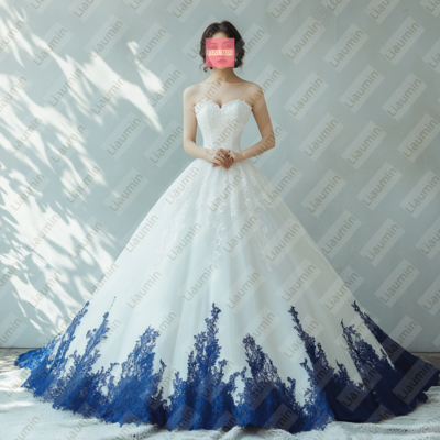 White Tulle and Blue Lace Strapless Full Length Prom Dress Evening Dress Custom Hand Made W19-4.4