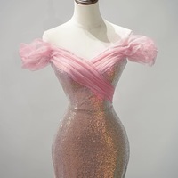 Pink Sequin Off the Shoulder Prom Dress, Off Shoulder Slit Mermaid Gown, Sparkly Formal Evening Dress for Gala, Pageant or Party - Thumbnail 1