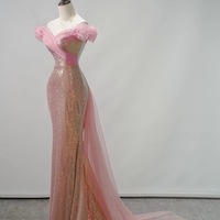 Pink Sequin Off the Shoulder Prom Dress, Off Shoulder Slit Mermaid Gown, Sparkly Formal Evening Dress for Gala, Pageant or Party - Thumbnail 2