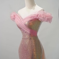 Pink Sequin Off the Shoulder Prom Dress, Off Shoulder Slit Mermaid Gown, Sparkly Formal Evening Dress for Gala, Pageant or Party - Thumbnail 3