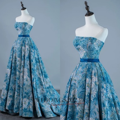 Custom floral embroidery long prom dress, Strapless  evening gown, strapless party dress with Belt