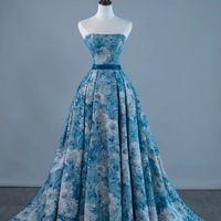 Custom floral embroidery long prom dress, Strapless  evening gown, strapless party dress with Belt - Thumbnail 3
