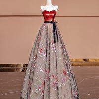 Red Lace with Black Belt A-line Floor Length Evening Dress  - Thumbnail 3