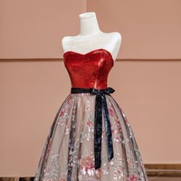 Red Lace with Black Belt A-line Floor Length Evening Dress  - Thumbnail 4