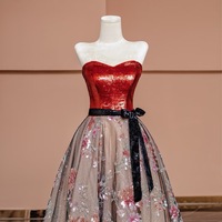 Red Lace with Black Belt A-line Floor Length Evening Dress  - Thumbnail 1