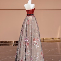 Red Lace with Black Belt A-line Floor Length Evening Dress  - Thumbnail 2