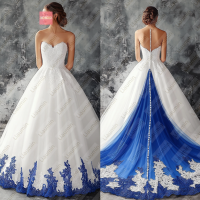 White tulle and blue lace strapless full length prom dress evening dress custom hand made w19-5.1