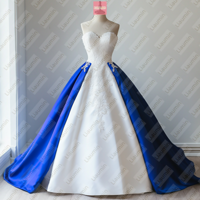 White tulle and blue lace strapless full length prom dress evening dress custom hand made w19-5.2 - Thumbnail 1