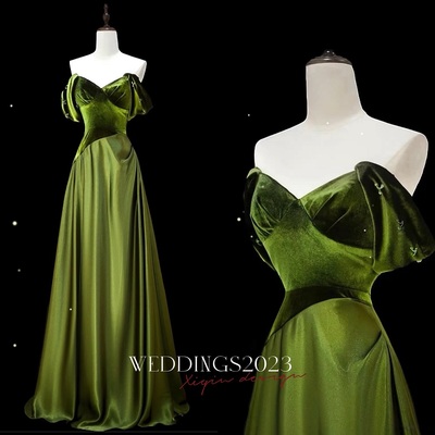 Green satin evening gown, off-shoulder custom tailored dress, elegant long sleeve formal dress for special occasions  - Thumbnail 2