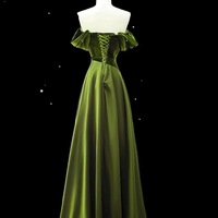 Green Satin Evening Gown, Off-Shoulder Custom Tailored Dress, Elegant Long Sleeve Formal Dress for Special Occasions  - Thumbnail 1