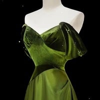 Green Satin Evening Gown, Off-Shoulder Custom Tailored Dress, Elegant Long Sleeve Formal Dress for Special Occasions  - Thumbnail 2