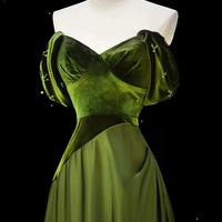 Green Satin Evening Gown, Off-Shoulder Custom Tailored Dress, Elegant Long Sleeve Formal Dress for Special Occasions  - Thumbnail 3