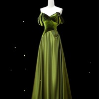 Green Satin Evening Gown, Off-Shoulder Custom Tailored Dress, Elegant Long Sleeve Formal Dress for Special Occasions  - Thumbnail 4