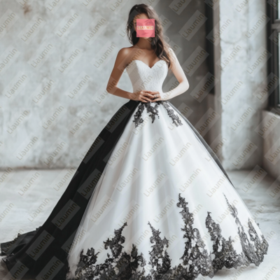 White tulle and black lace strapless full length prom dress evening dress custom hand made w19-6.1 - Thumbnail 1