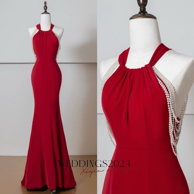 Red prom dress, mermaid prom dress, long prom dress with pearl, colored wedding dress, evening party dress, prom gown