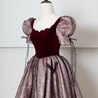 Short Sleeves Velvet A-line with Bow Lace up Tulle Evening Dresses  - Thumbnail 5