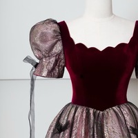 Short Sleeves Velvet A-line with Bow Lace up Tulle Evening Dresses  - Thumbnail 3