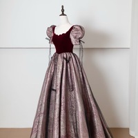 Short Sleeves Velvet A-line with Bow Lace up Tulle Evening Dresses  - Thumbnail 1