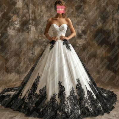 White tulle and black lace strapless full length prom dress evening dress custom hand made w19-6.4
