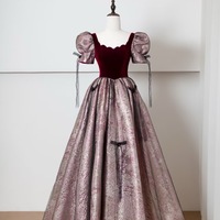 Short Sleeves Velvet A-line with Bow Lace up Tulle Evening Dresses  - Thumbnail 2