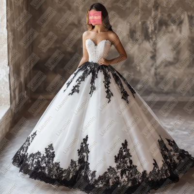 White tulle and black lace strapless full length prom dress evening dress custom hand made w19-7.1
