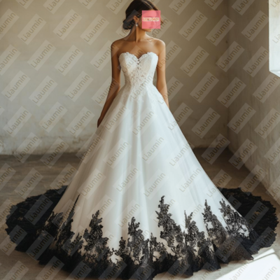 White tulle and black lace strapless full length prom dress evening dress custom hand made w19-7.2