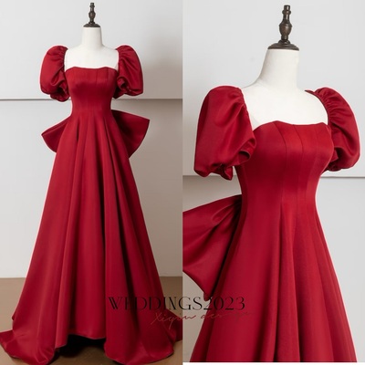 Red a-line evening gown,detachable bow,elegant red satin dress,off shoulder evening dress ,wedding party dress
