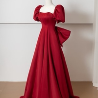 Red A-line Evening Gown,Detachable Bow,Elegant Red Satin Dress,Off Shoulder Evening Dress ,Wedding Party Dress - Thumbnail 3