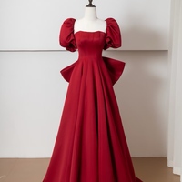 Red A-line Evening Gown,Detachable Bow,Elegant Red Satin Dress,Off Shoulder Evening Dress ,Wedding Party Dress - Thumbnail 6