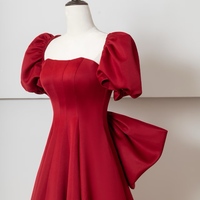 Red A-line Evening Gown,Detachable Bow,Elegant Red Satin Dress,Off Shoulder Evening Dress ,Wedding Party Dress - Thumbnail 2