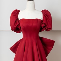 Red A-line Evening Gown,Detachable Bow,Elegant Red Satin Dress,Off Shoulder Evening Dress ,Wedding Party Dress - Thumbnail 1