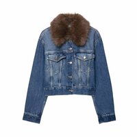 denim jacket with faux fur effect and flap - Thumbnail 1